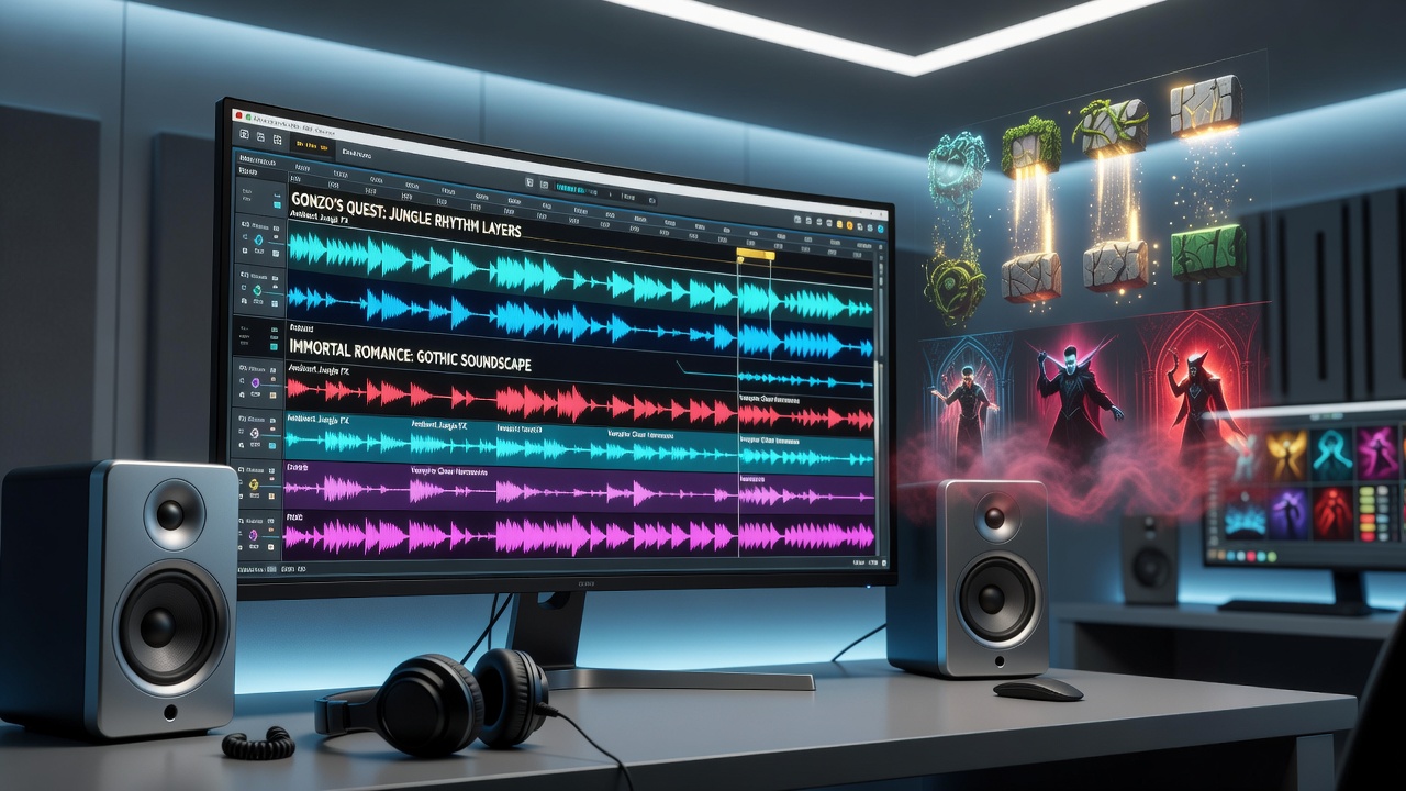 Detailed view of audio waveform overlays matched to reel animations in Gonzo's Quest, Immortal Romance, and Wolf Gold