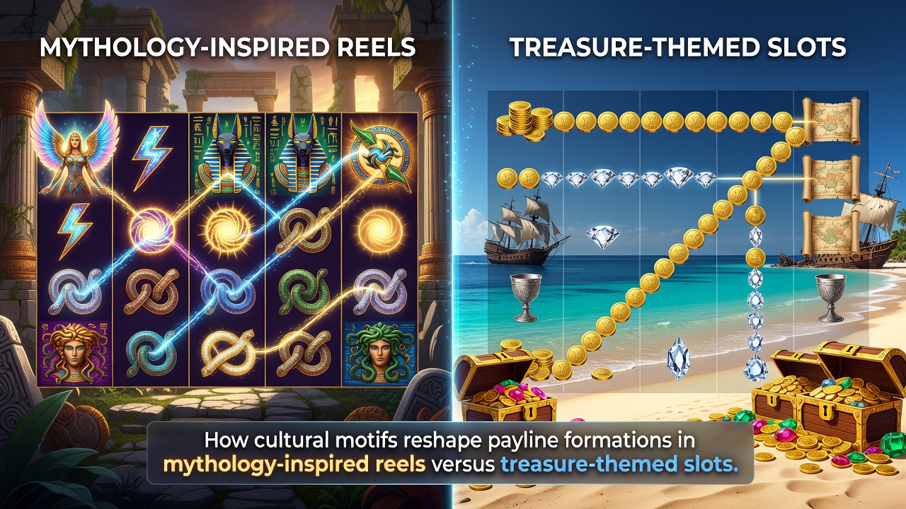 Payline diagrams comparing mythology and treasure slot configurations