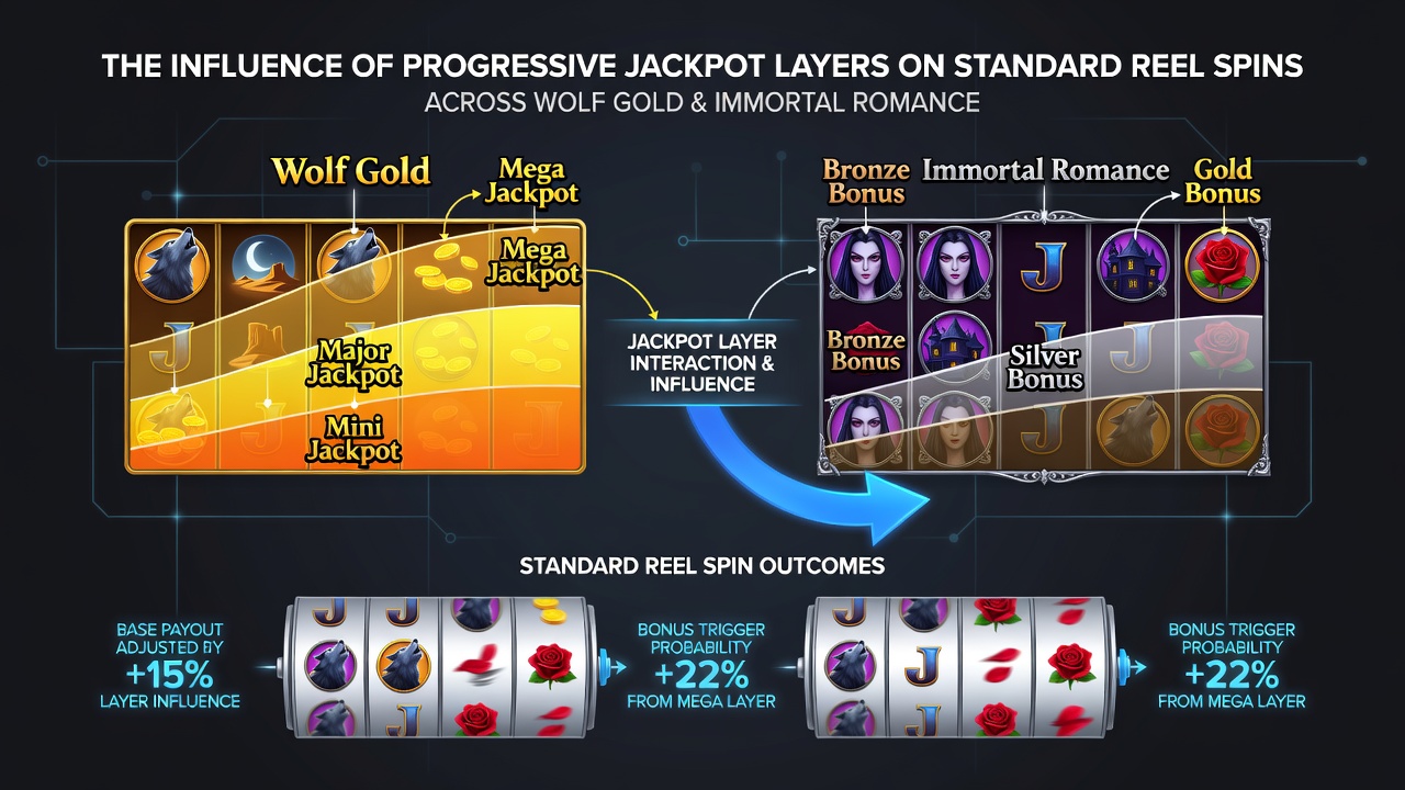 Comparison chart of reel spin payout distributions with and without progressive jackpot layers in the three featured slots