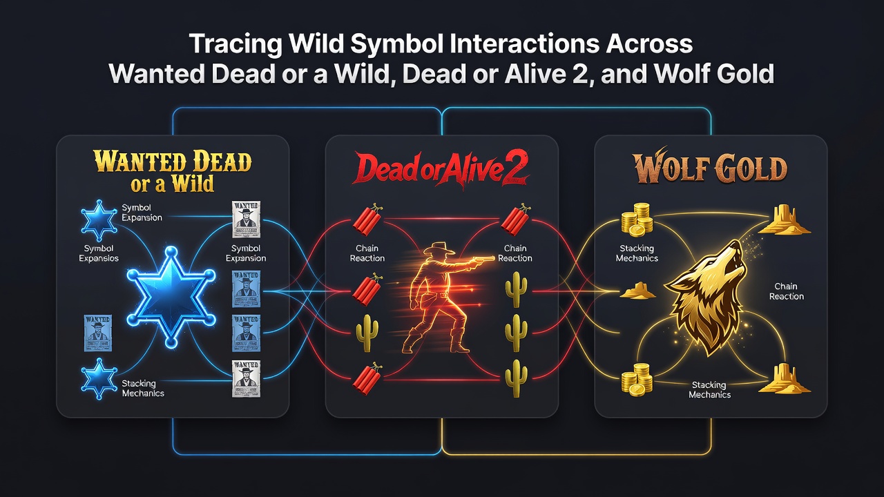 Comparison of sticky and expanding wild placements in Dead or Alive 2 and Wolf Gold reels